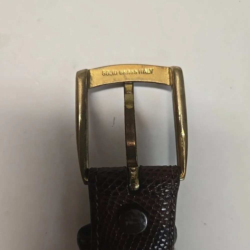 TORINO Elite Ringmark Lizard Brown Leather Belt Gold Tone Brass Buckle Size 42